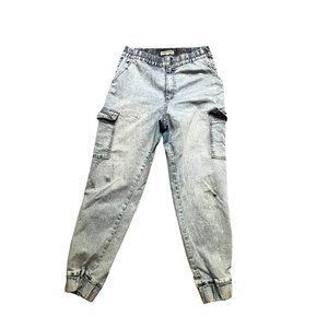 Almost Famous Denim Cargo Jogger Jeans Sz XL Womens Acid Wash Elastic Waist
